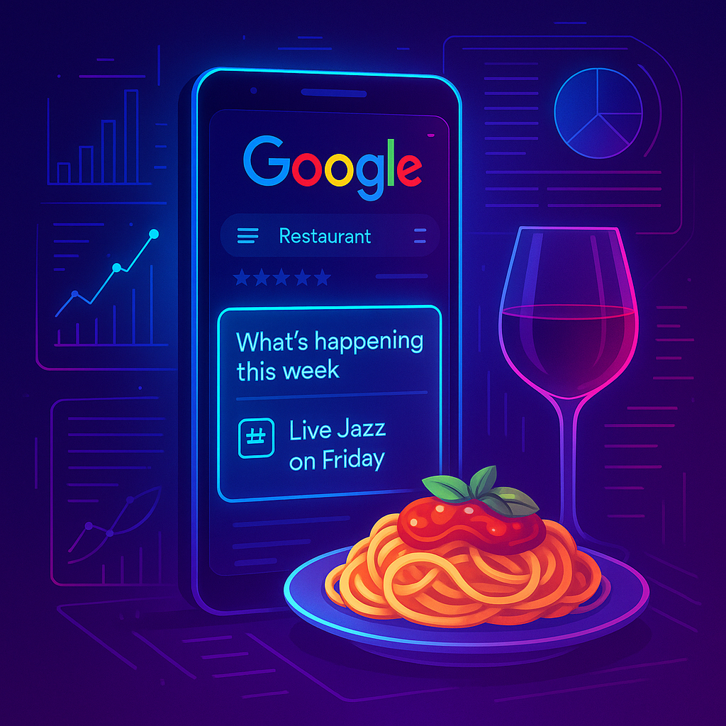 Futuristische Grafik: Google-Suchergebnis mit neuem Restaurant-Feature ‚What’s happening‘ – Eventanzeige direkt in der Suche. Symbolbild für digitale Sichtbarkeit, lokale Google-Optimierung und Tech-Trends im Gastgewerbe.