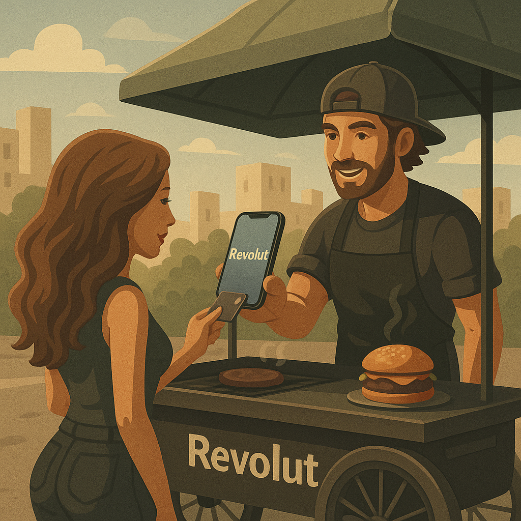 Ein Streetfood-Verkäufer mit Cap und Schürze hält ein iPhone mit Revolut-Logo, während eine Kundin an einem sonnigen Tag mit Karte bezahlt – im Hintergrund ein mobiler Burgerstand.